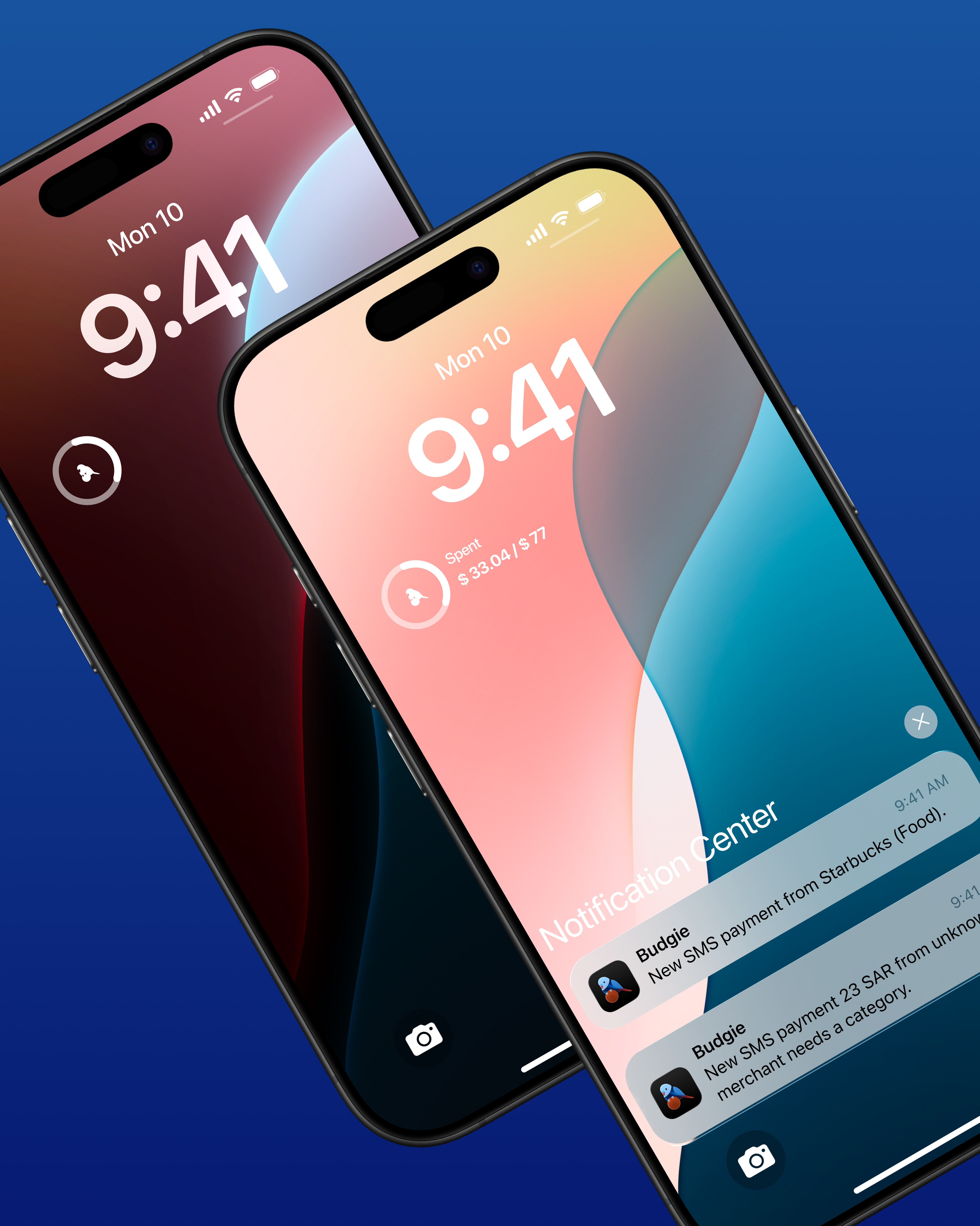 Budgie budget widgets displayed on iPhone lock screens