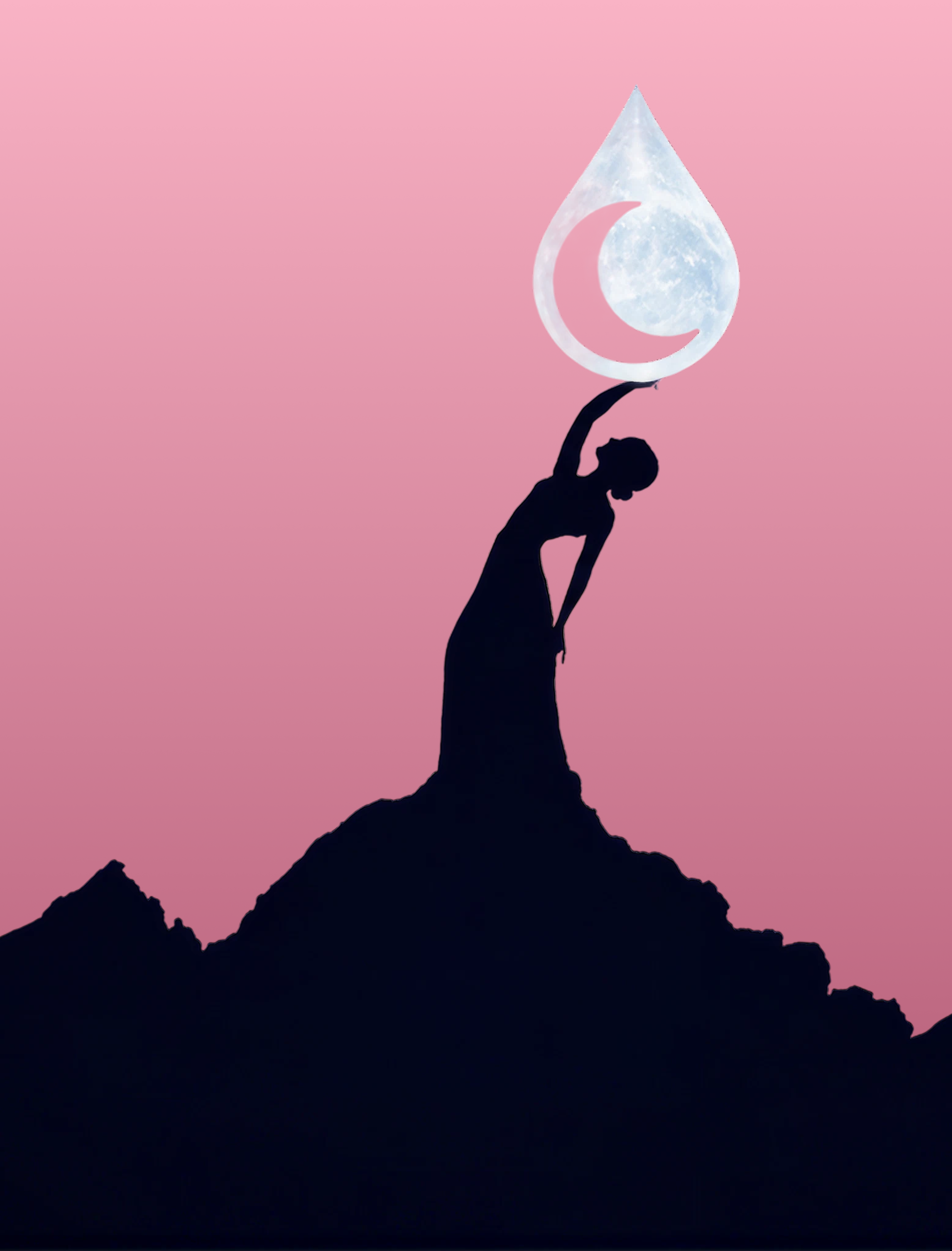 Illustration of a woman reaching toward a teardrop-shaped moon